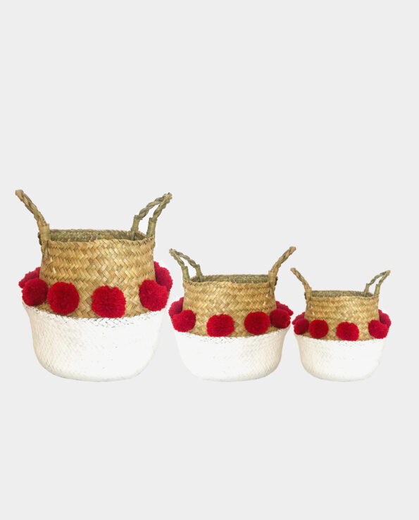 TASMANIA Christmas Seagrass Storage Belly Baskets with White Dip and Red Pom Poms (set of 3)