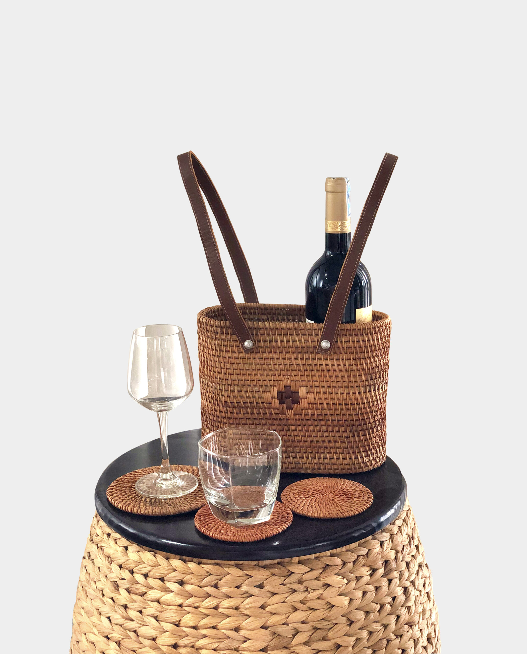 Rattan Wine Caddy Basket with Leather Handles