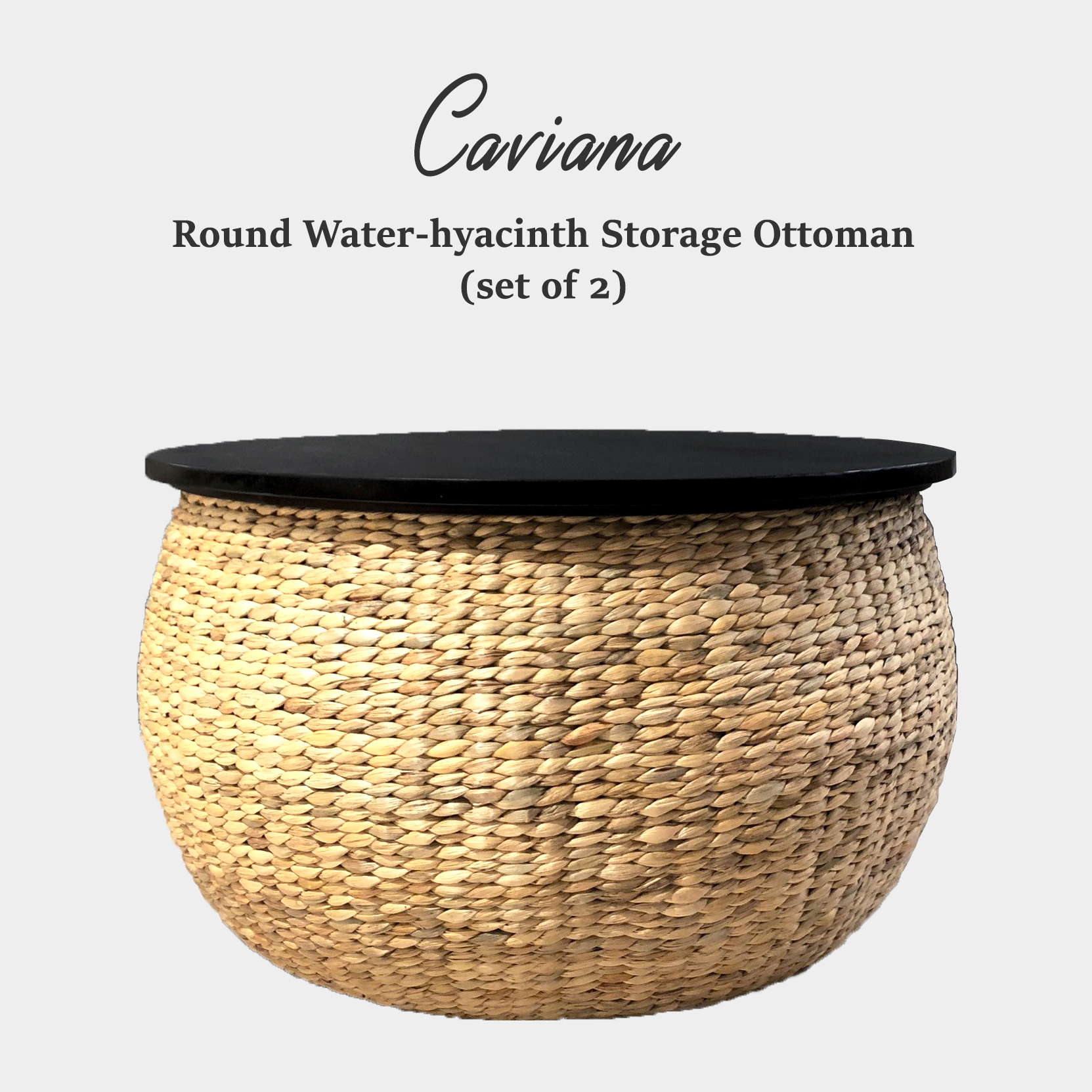 CAVIANA Round Water Hyacinth Storage Ottoman Set of 2