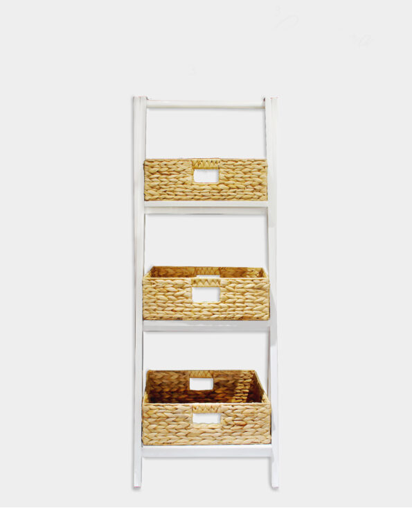 CAVIANA 3-tier Foldable White Wooden Ladder Shelf with Foldable Water-hyacinth Baskets