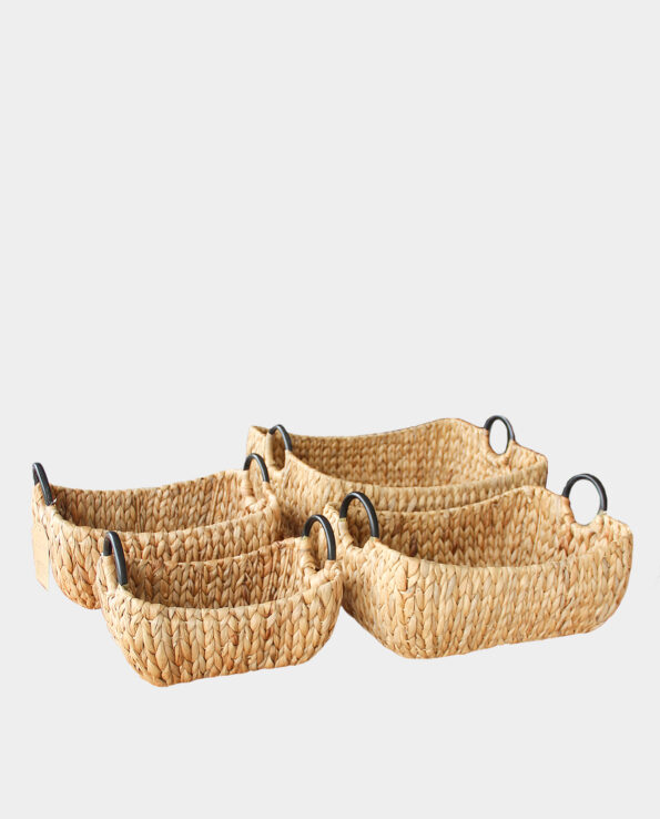 CAVIANA Boat Water Hyacinth Storage Basket with Black Handles (set of 4)